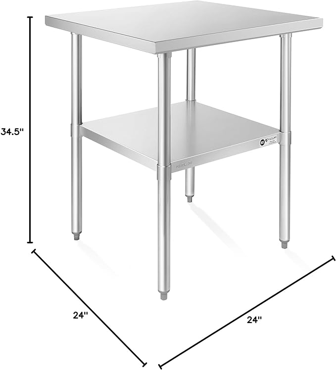 KUTLER Stainless Steel Table 24 x 24 Inches, NSF Heavy Duty Commercial Kitchen Prep and Work Table with Undershelf for Restaurant, Hotel, Home
