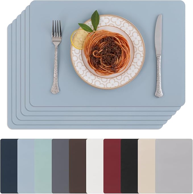 SHACOS Placemats Set of 6 Faux Leather Waterproof Leakproof Wipeable PU Non-Slip Vinyl Place Mats Heat Resistant Table Mats for Kitchen Dining Table Indoor Outdoor, Light Blue