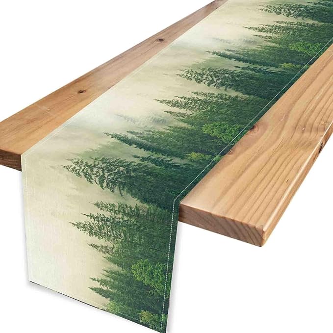 Forest Table Runner, Rustic Farmhouse Misty Pine Tree Woodland Jungle Mountain Country Coffee Table Center Decor for Kitchen Dining Patio Holiday Party Indoor Outdoor Table Decorations, 13"x36" Inch