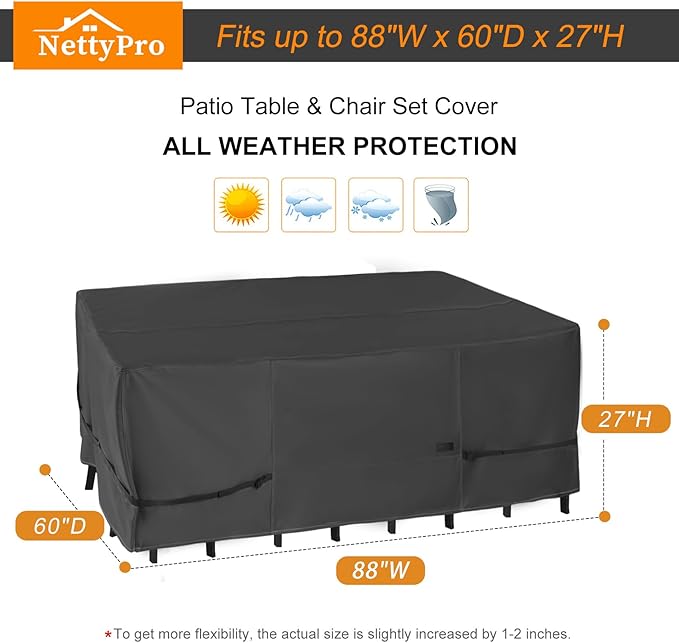 NettyPro Patio Table Cover Rectangular 88 x 60 Inch, Waterproof Outdoor Furniture Set Covers for Dining Table and Chair Rectangle, Black