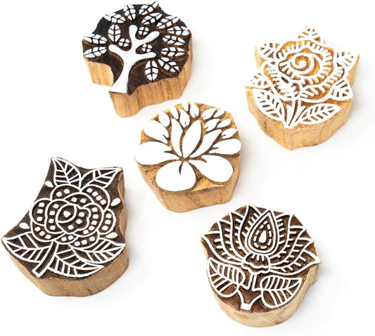 Floral Wood Printing Stamp Block for Printing Saree Border Dresses Craft Card Making Scrapbook Clay Pottery (Set of 5) Hashcart®