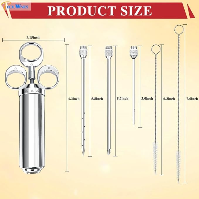 304-Stainless Steel Meat Injector Syringe Kit with 3 Marinade Needles for BBQ Grill Smoker, Turkey, Beef, Fish,Brisket, 2-oz Large Capacity, Silicone Brush and Cleaning Brush