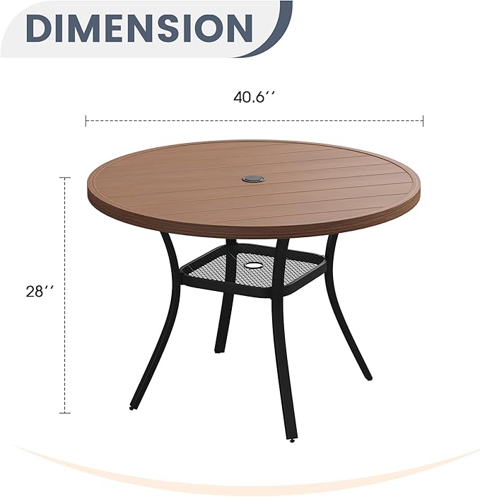 VICLLAX Round Patio Dining Table, 41 inch Metal Outdoor Dining Table with Umbrella Hole for Garden Lawn Balcony Deck, Walnut