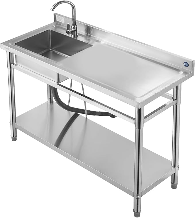 VEVOR Stainless Steel Utility Sink, Free Standing Single Bowl Commercial Kitchen Sink with Faucet, Utility Right Basin Workbench with Hot & Cold Water Pipe for Garage Restaurant Laundry, 47x19.7x37 in