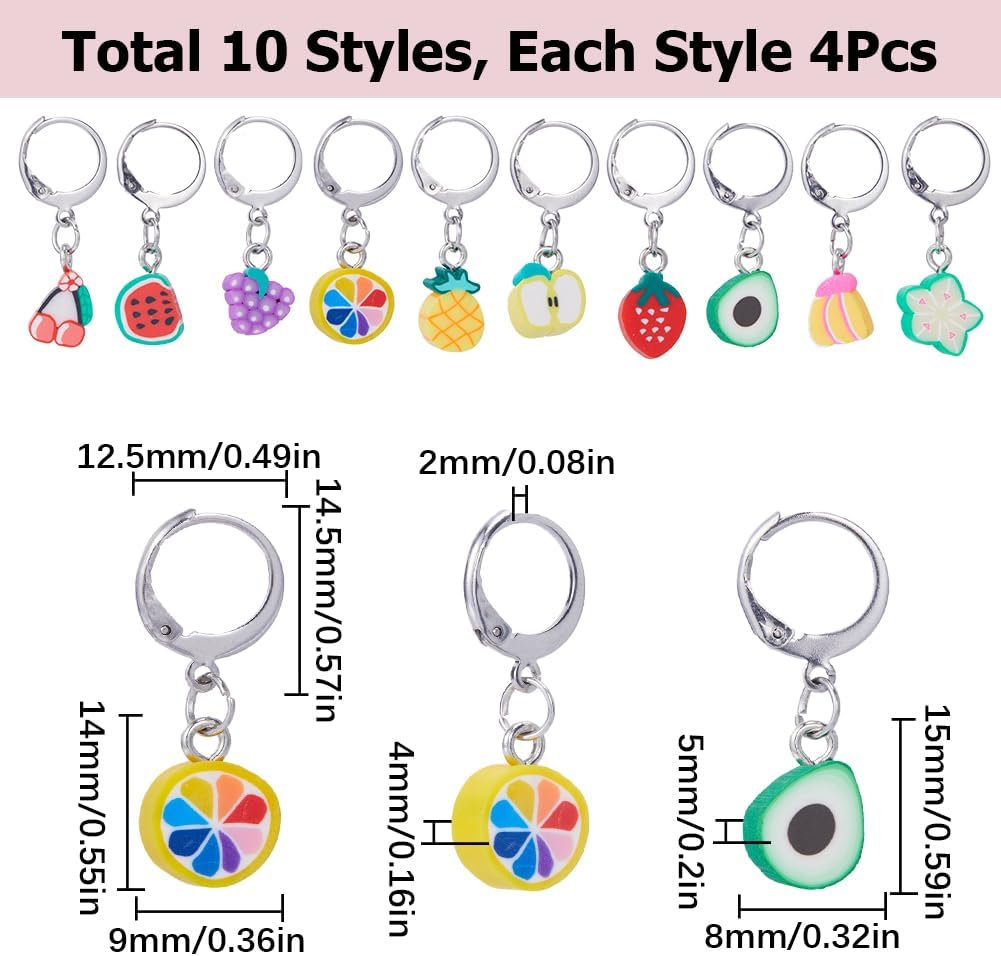 SUNNYCLUE 1 Box 40Pcs Stitch Markers Locking Crocheting Markers Knitting Fruit Polymer Clay Beads Cute Removable Clip on Charm Leverback Clasps Crochet Stitch Markers for Yarns Knit Crocheting Sewing