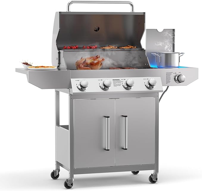 4 Burner Propane Gas Grill with Side Burner, Stainless Steel Gas Grill with Built-in thermometer & Enameled Cast Iron Grates, 58,000 BTUs Output for Outdoor Cooking and Patio Backyard Barbecue