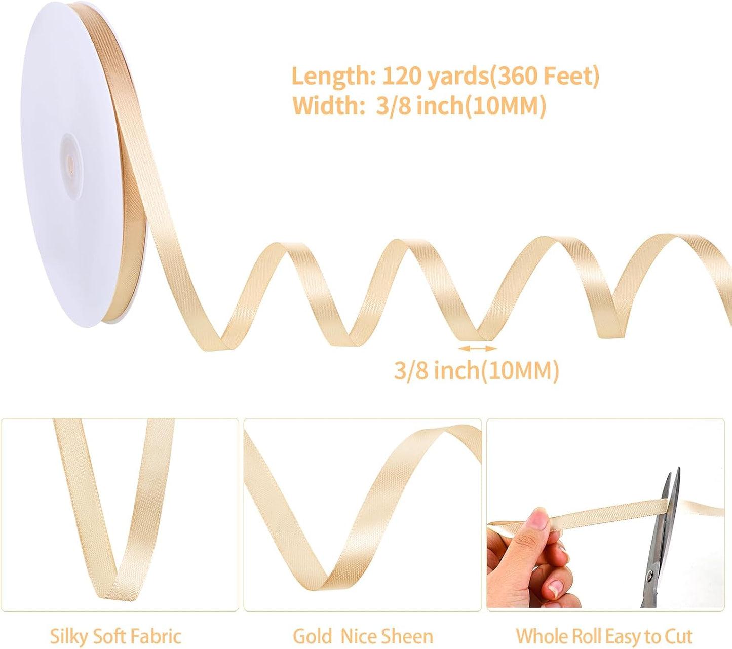 120 Yards Champagne Ribbon 3/8 Inch Thin Gold Satin Ribbon Craft Fabric Christmas Ribbons for Hair Bow Making Gift Wrapping Floral Bouquet Party Birthday Graduate Gift 2025 Decorations