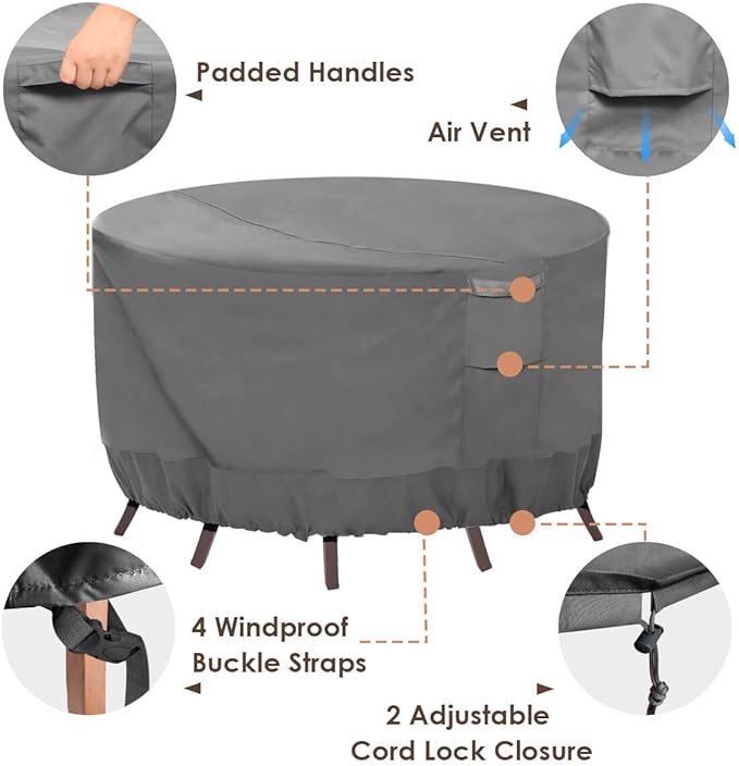 Vailge Round Patio Furniture Covers, 100% Waterproof Outdoor Table Chair Set Covers, Anti-Fading Cover for Outdoor Furniture Set, UV Resistant (Grey, 110"DIAx28"H)