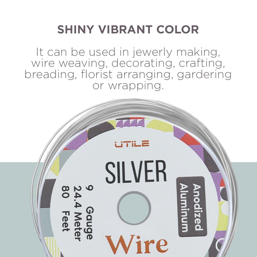UTILE Armature Aluminum Wire 80 ft 9 Gauge 3.7 mm Anodized Craft Bendable Wire – Sculpting Metal Silver for Bonsai Trees, Clay, Crafts, Plants, Gardening, Beading and Jewelry Making (Silver)