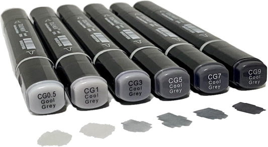 6 Pack Grey Gray Alcohol Markers, Cool Grey Double Tipped Soft Fine Tips and Brush Art Marker for Artists Students Adults kids