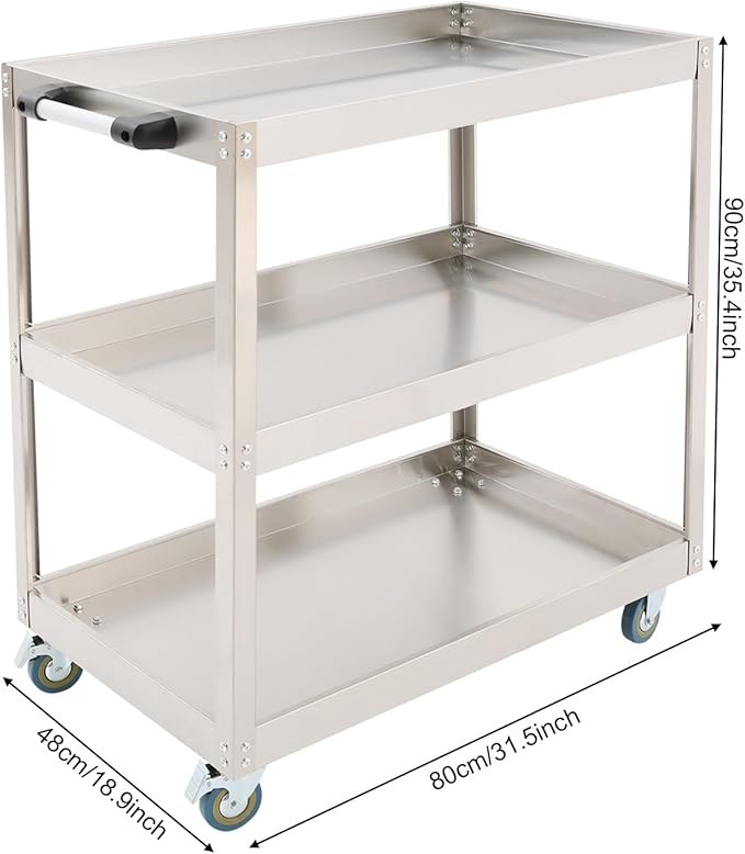 Stainless Steel Utility Cart, Heavy Duty 3-Tier Service Cart with 4 Wheels (2 Locking), 440 lbs Capacity Rolling Cart for Kitchen, Restaurant, Garage, Workshop, Silver