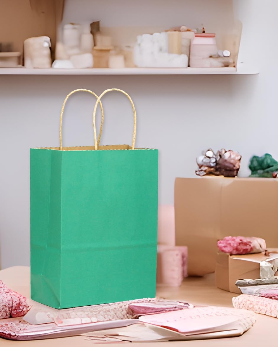 qiqee 32-Packs Mint Green Paper Gift Bags with Handles Bulk 7.6"x4.75"x10.5" Medium Size Gift Bags Multiple Uses