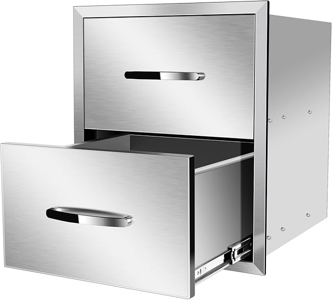 Outdoor Kitchen Drawers, Box Frame Style Flush Mount BBQ Drawer w/Stainless Steel Handle, BBQ Island Drawers For Patio Grill Station,Double Drawers