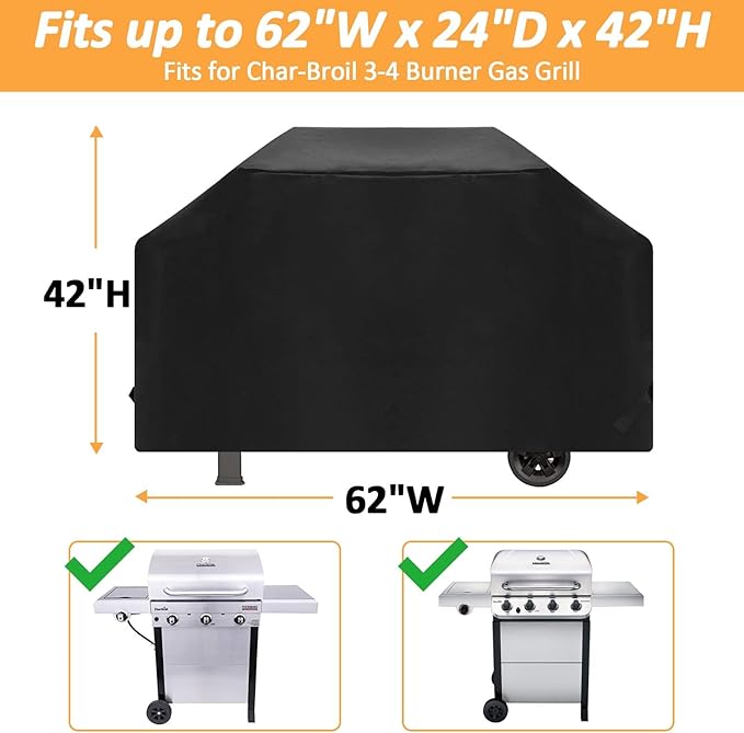 Grill Cover for Charbroil 3-4 Burner Performance Gas Grills, Waterproof Full-Length Cover for Charbroil Performance Grill Cover, 62 Inch BBQ Outdoor Cover for 3-4 Burner Gas Grills