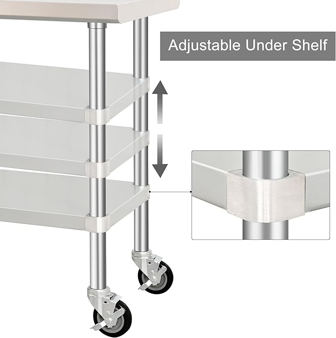 HARDURA Stainless Steel Table with Wheels 24 x 36 Inches Kitchen Prep Table Heavy Duty Stainless Steel Workbench with Aluminium Corner Undershelf NSF 304 Metel Table for Commercial Restaurant