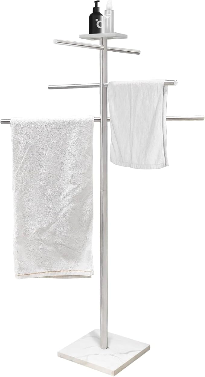 Marble Base Hot Tub Towel Rack for Spa, 304 Stainless Steel 6 Arms Standing Towel Holder with Tray for Swimming Pool Indoor or Outdoor Towel Sheet Drying Rack Brushed Nickel