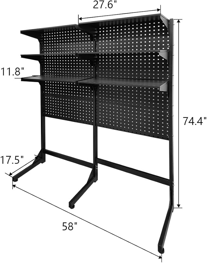 JZD Steel Free Standing Pegboard Shelf Unit, Metal Pegboard Floor Display System, for Home Office, Black