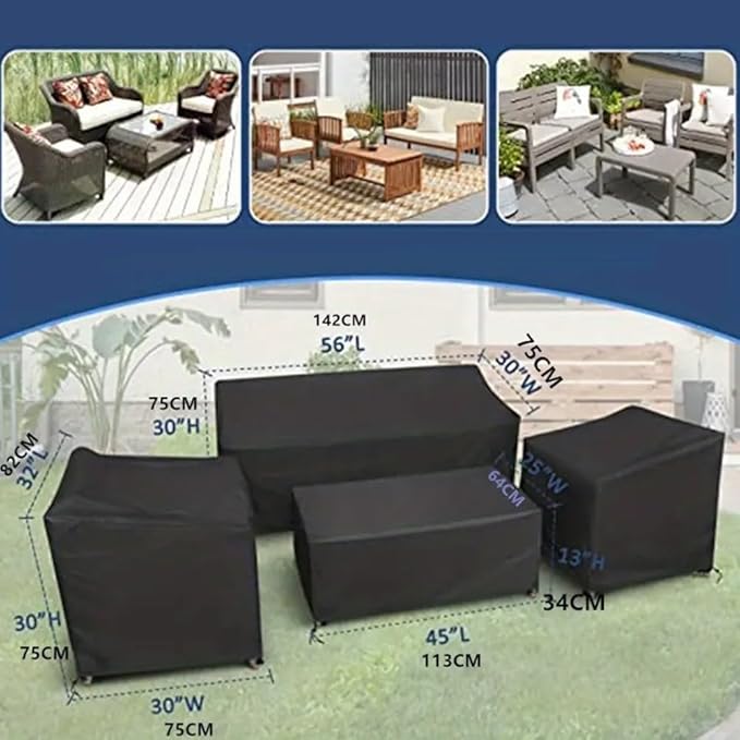 4-Piece Outdoor Furniture Covers, 420D Waterproof Windproof Set for Patio Chairs, Sofa & Table, with Drawstring, Black Oxford Fabric(Black 420D)