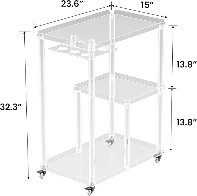 Dethan Acrylic Bar Cart with Lockable Wheels, 3 Tier Clear Serving Cart with Glass Holder, Rolling Beverage Cart for Home, Kitchen, Dining Room, Portable Mobile Bar Trolley for Small Spaces
