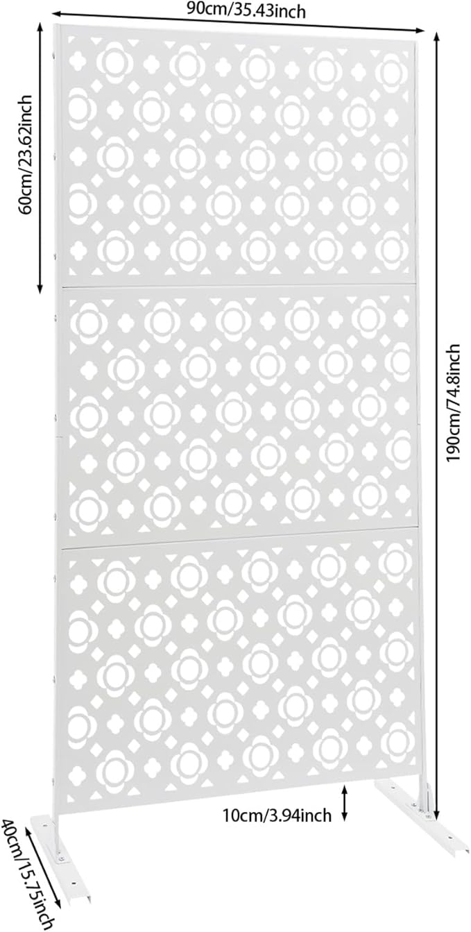 75" H×35" W Decorative Outdoor Privacy Screen with Stand, Outdoor Decor Privacy Fence Screen Metal Fence Panels, Free Standing Metal Divider for Patio Lawn Deck (White-Small Plum Blossom)