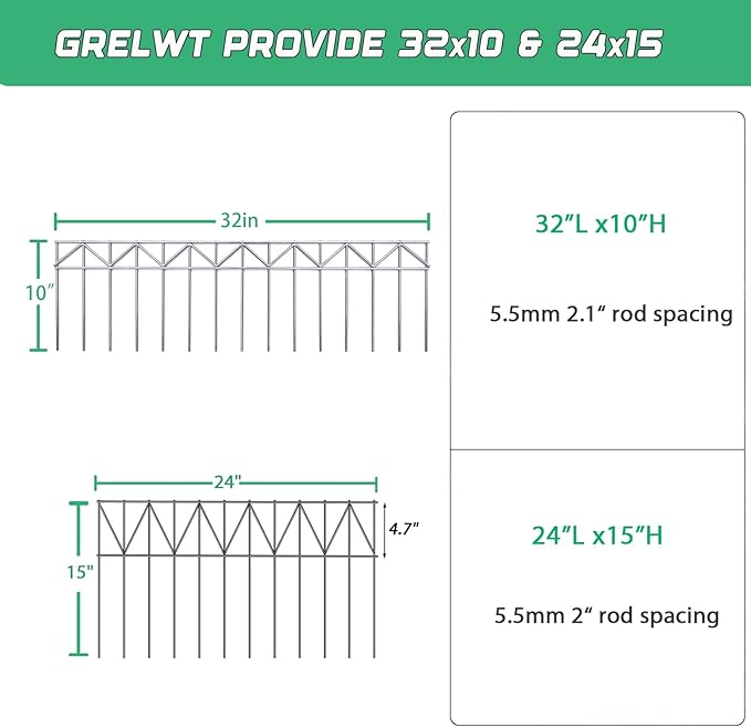 5 Pack 32" L x 10" H Animal Barrier Fence, No Dig Fence Patented Product, 5.5mm Galvanized Stakes with 2.1" Spacing, Anti Digging for Dogs Outdoor Yard Patio, Total 13.3Ft(L) X 10in(H) Silver