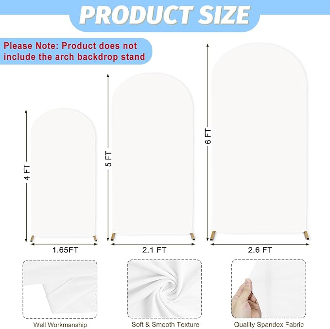 MODFUNS White Arch Cover Set of 3 Fitted Wedding Arch Covers 4ft 5ft 6ft Arched Stand Cover Spandex Arch Covers Stretchy Arches Backdrop Fabric Chiara Cover for Birthday Party Banquet Baby Shower