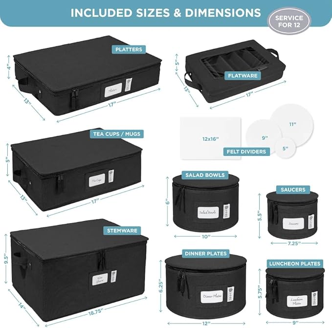 China Storage Hard Shell Containers 8-Piece Set Moving Boxes for Dinnerware, Glasses, Plates, Mugs and Saucers Sturdy Dish Organizer with Dividers for Seasonal Storage - Service for 12 - Black