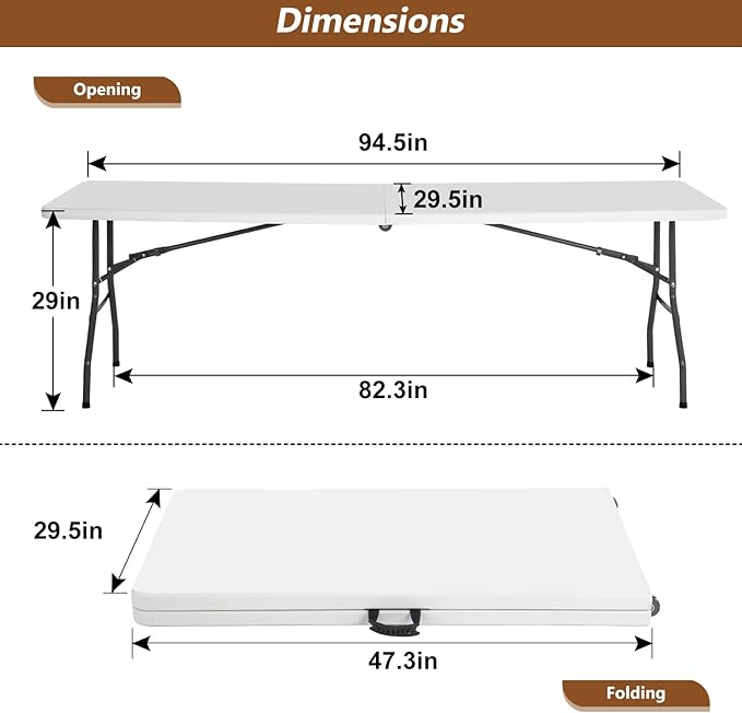 FDW Folding Half Portable Foldable Table for Parties Backyard Events (White, 6 FT 70 * 29) (White, 8 FT)