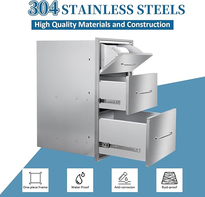 Outdoor Kitchen Drawers with Paper Towel Holder 17"Wx30"Hx20"D Flush Mount Access 3-Drawer BBQ Stainless Steel Drawers with Handle for Outdoor Kitchen Island or Grill Station