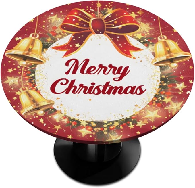Merry Christmas Bell Bow Round Table Cloth Cover, Elastic Edge Waterproof Wipeable Tablecloths 45"-56" Polyester Tablecloth for Party Restaurant Banquet Holiday Camping Outdoor Picnic