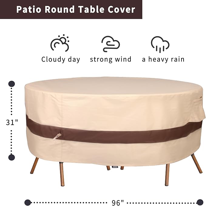 Round Patio Furniture Cover, Heavy Duty and Waterproof for Outdoor Furniture covers, Round outdoor table cover, Patio table cover 96"DIA x 31"H Beige