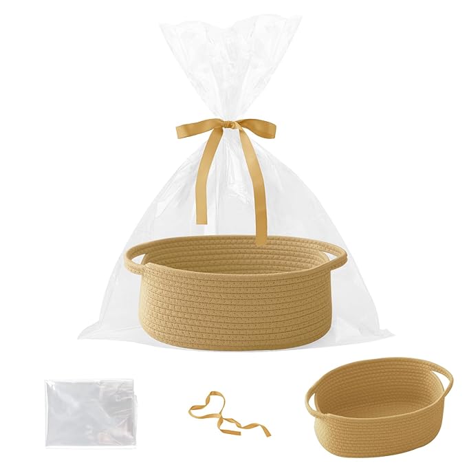 Gift Basket with Gift Bag and Ribbons,Small Rope Woven Shelf Storage,Baskets for Gifts Empty,Birthday,Baby Shower,Decorative Organizer Box with Handles(Jute)