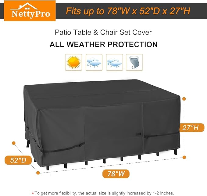 NettyPro Patio Table Cover Rectangular 78 x 52 Inch, Waterproof Outdoor Furniture Set Covers for Dining Table and Chair Rectangle, Black