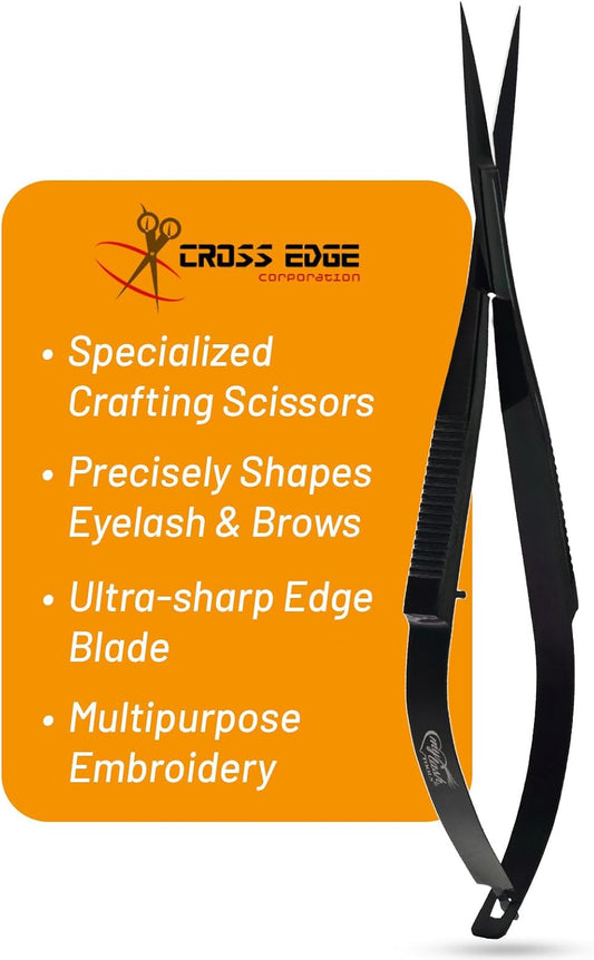 Cross Edge Spring Scissors 5 Inch straight Stainless Steel Precision Eyebrow & Eyelash Shaping & Trimming Scissor, Snips Squeeze, Embroidery, Knitting Micro Tip Craft Scissors (Black)