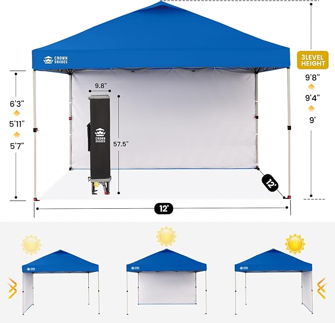 CROWN SHADES 12x12 Pop Up Canopy Tent Instant Commercial with 150D Silver Coated Fabric Including 1 Removable Sidewall, 4 Ropes, 8 Stakes, Weight Bags, STO 'N Go Bag, Blue