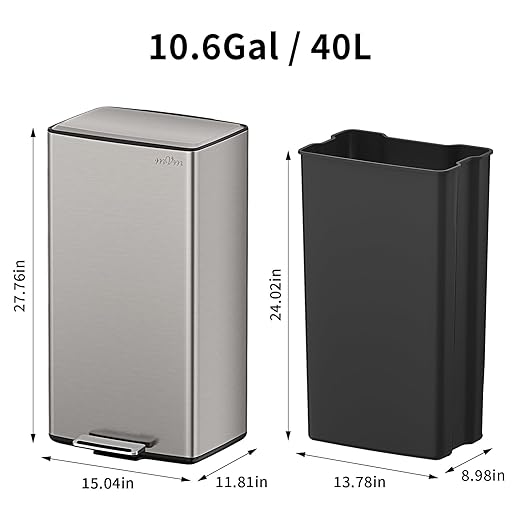 mVm Kitchen Trash Can, 40Liter / 10.6 Gal Brushed Stainless Steel Trash Can With Lid And Foot-Pedal, Soft-Close, Odor Control,Anti-Fingerprint,Garbage Can For Kitchen,Living Room,Office(Metallic Gray)