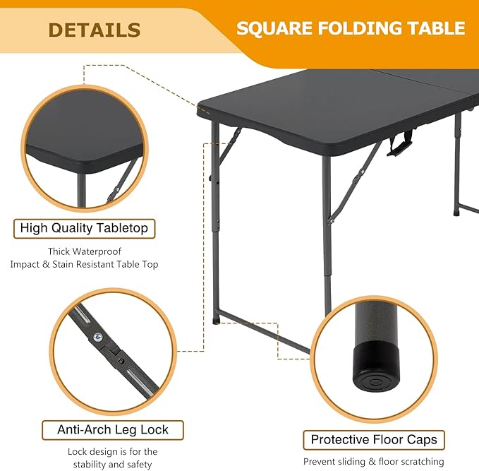 FDW 4FT Folding Table Half Portable Foldable Table Picnic Table for Office Home Camping Party (Black, 4 FT)