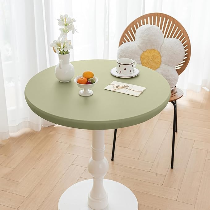 Round Fitted PU Tablecloth with High Elastic Edge 31 Inch Dia Waterproof Oil Proof Table Cloth Anti-Scald Stain-Resistant Wipeable Table Cover for Indoor Outdoor Picnic (Green,31" Dia)