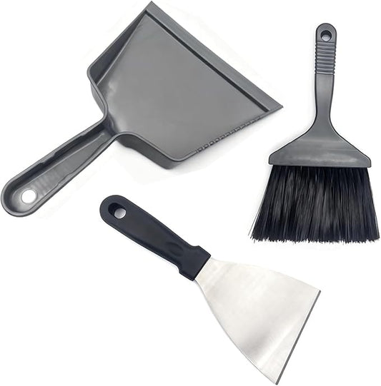 All-in-One Ash Cleanup Kit for Pellet Grills | 3-Piece Set Includes Large Ash Scoop, Soft Bristle Brush & Scraper to Easily Remove Ash & Debris | Simplify Your Grill Maintenance (Grey & Black)
