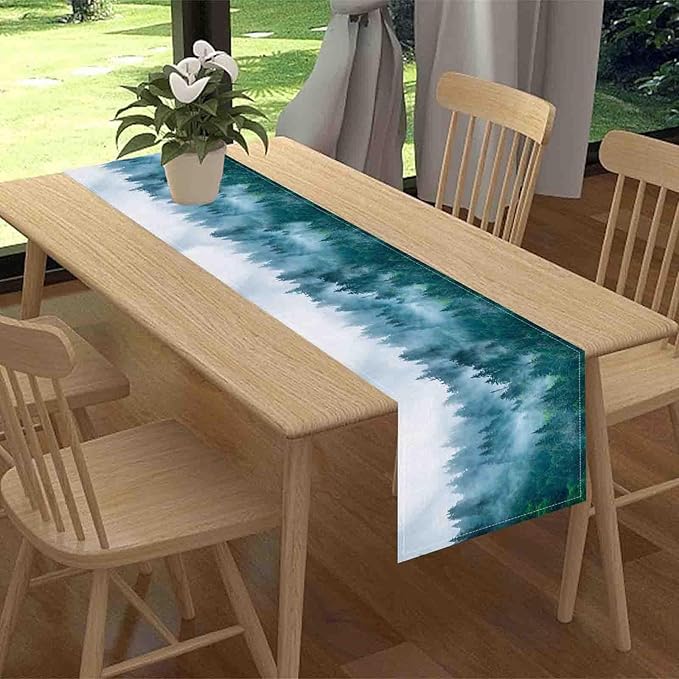 Forest Table Runner, Rustic Farmhouse Misty Pine Tree Woodland Mountain Country Coffee Table Center Decor for Home Kitchen Dining Patio Holiday Party Indoor Outdoor Table Decorations, 13"x108" Inch