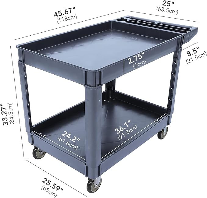 Utility Service Cart with Wheels and Two Trays, Service Cart 2-Shelf 500lbs, Rolling Utility Cart for Warehouse/Garage/Cleaning/Manufacturing, 2 Tier Heavy Duty Uline Tool Cart, 45"X25", Gray