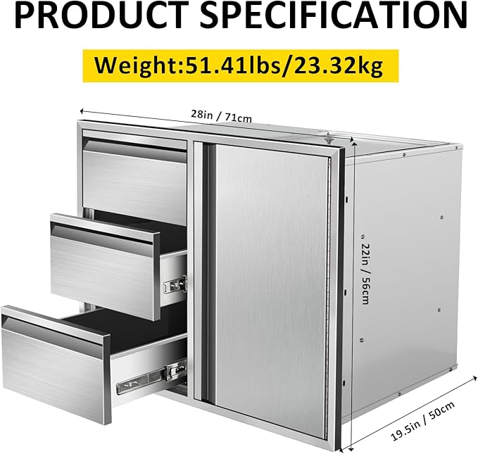 Outdoor Kitchen Door Drawer Combo Cabinet 28" W x 22" H x 19.5" D Stainless Steel Built-in Triple Drawers&Right Access Door Combo Cabinet for Outdoor Kitchen Island, Patio Grill Station
