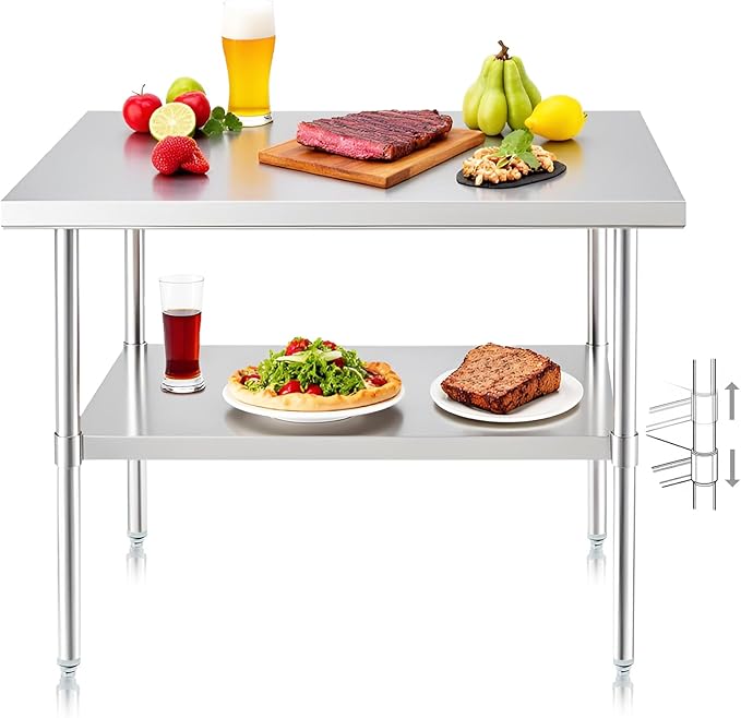 NUUK Heavy Duty Commercial Worktable 24" x 36" Restaurant Kitchen Food Prep Work Table Adjustable Height Stainless Steel Grill Workstation for Home and Hotel