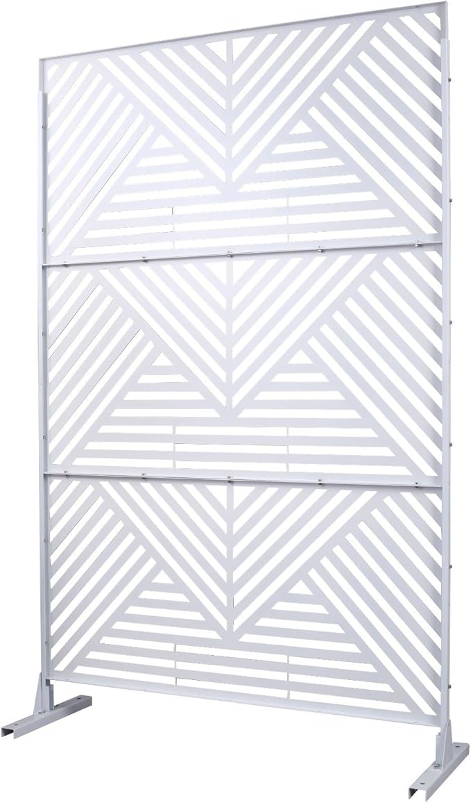 Outdoor Privacy Screen with Geometric Design – Metal Decorative Panel, Freestanding Partition, Weather-Resistant, 76"x48" for Garden, Patio, Balcony, and Yard, White