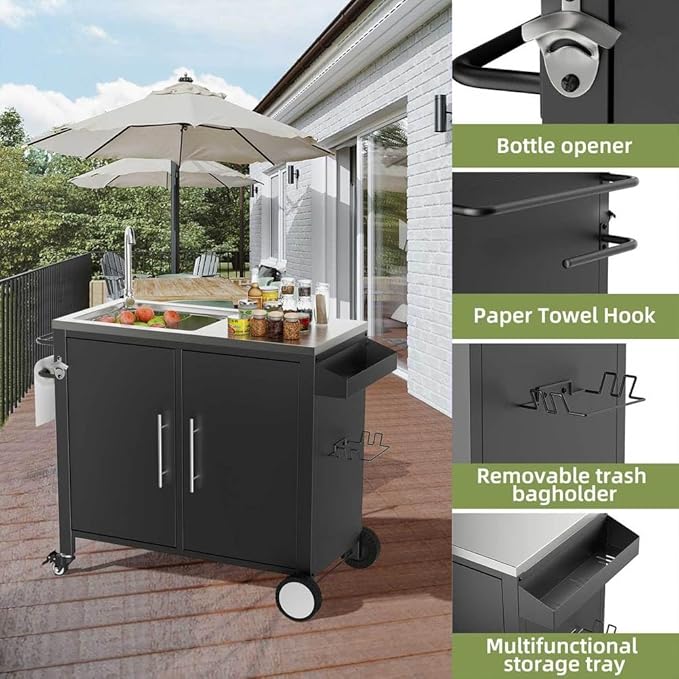 Outdoor Grill Cart with Storage, Movable Prep Cart with 304 Stainless Steel Sink and Wheels 3-Shelf Outdoor Kitchen Prep Table Pizza Oven Stand,BBQ Cart (38" x 18" x 35")