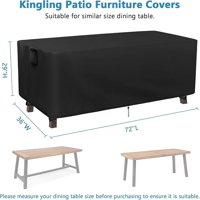 Kingling Patio Table Covers, Rectangular Outdoor Dining Table Cover 71 inch Outdoor Coffee Table Covers Waterproof Heavy Duty Patio Furniture Covers for Outside-71''L x 36''W x 29''H Inch (Black)