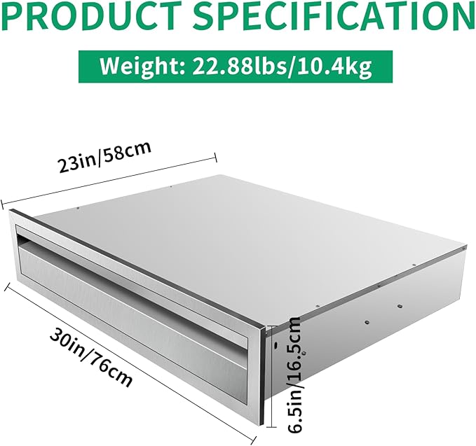 Outdoor Kitchen Drawers 30" W x 6.5" H x 23" D Stainless Steel Single Drawers with Hidden Handle for BBQ Island, Patio Grill Station & Outdoor Kitchen Cabinets