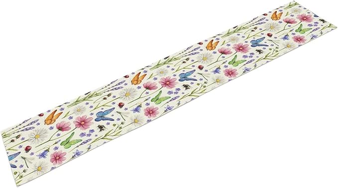 Flower Floral Table Runner, Butterfly Wildflowers Daisy Spring Summer Rustic Table Runner for Farmhouse Holiday Kitchen Dining Outdoor Home Party 13x70in
