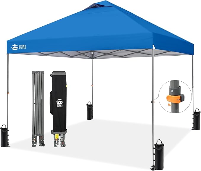 CROWN SHADES Adjustable Height on The Fly, 10x10 Pop Up Canopy - Beach Tent with One Push Setup - Easy Outdoor Sun Shade for Events, Parties, Camping - Outside Shade with STO-N-Go Bag, Blue