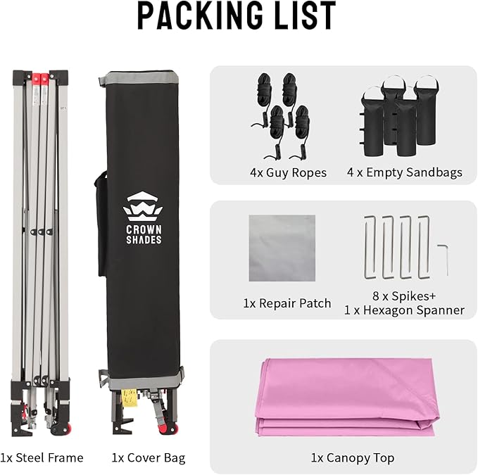 CROWN SHADES 10x10 Pop Up Canopy - Beach Tent with One Push Setup - Easy Outdoor Sun Shade for Events, Parties, Camping - Gazebo with STO-N-Go Cover Bag, Silver Coated Top, Pink